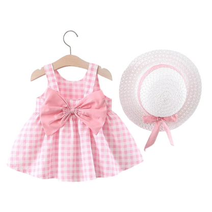 Two Piece Baby & Toddler Girl Summer Plaid Dress With a Bow Set