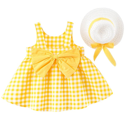 Two Piece Baby & Toddler Girl Summer Plaid Dress With a Bow Set