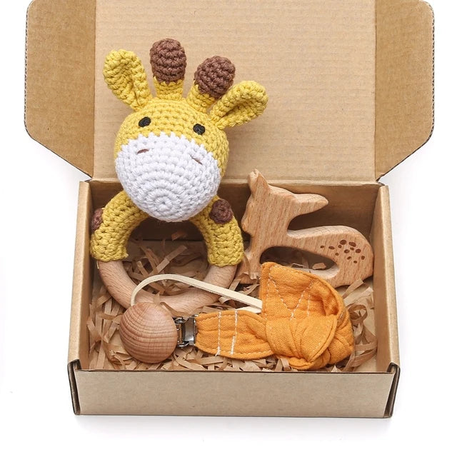 Baby Rattle Wooden Crochet Animal Teething Toy Set