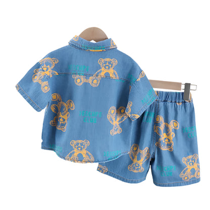 Children Denim Outfit Set With Bear Print