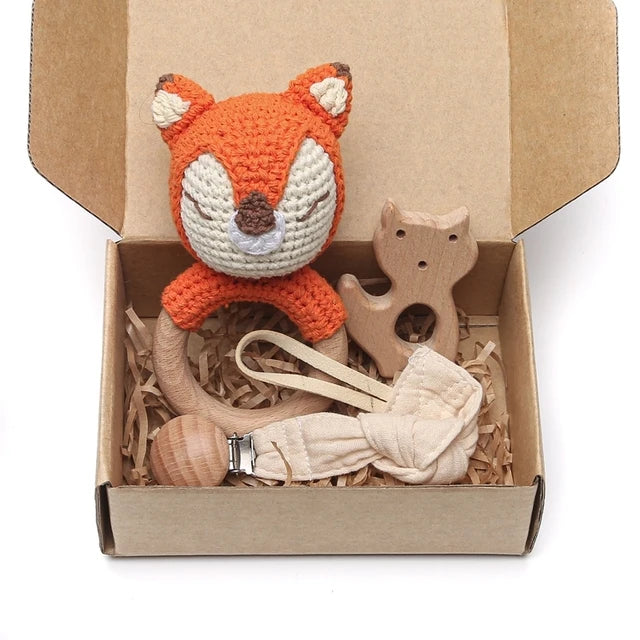 Baby Rattle Wooden Crochet Animal Teething Toy Set