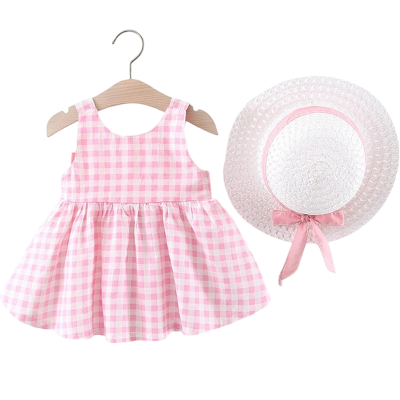 Two Piece Baby & Toddler Girl Summer Plaid Dress With a Bow Set